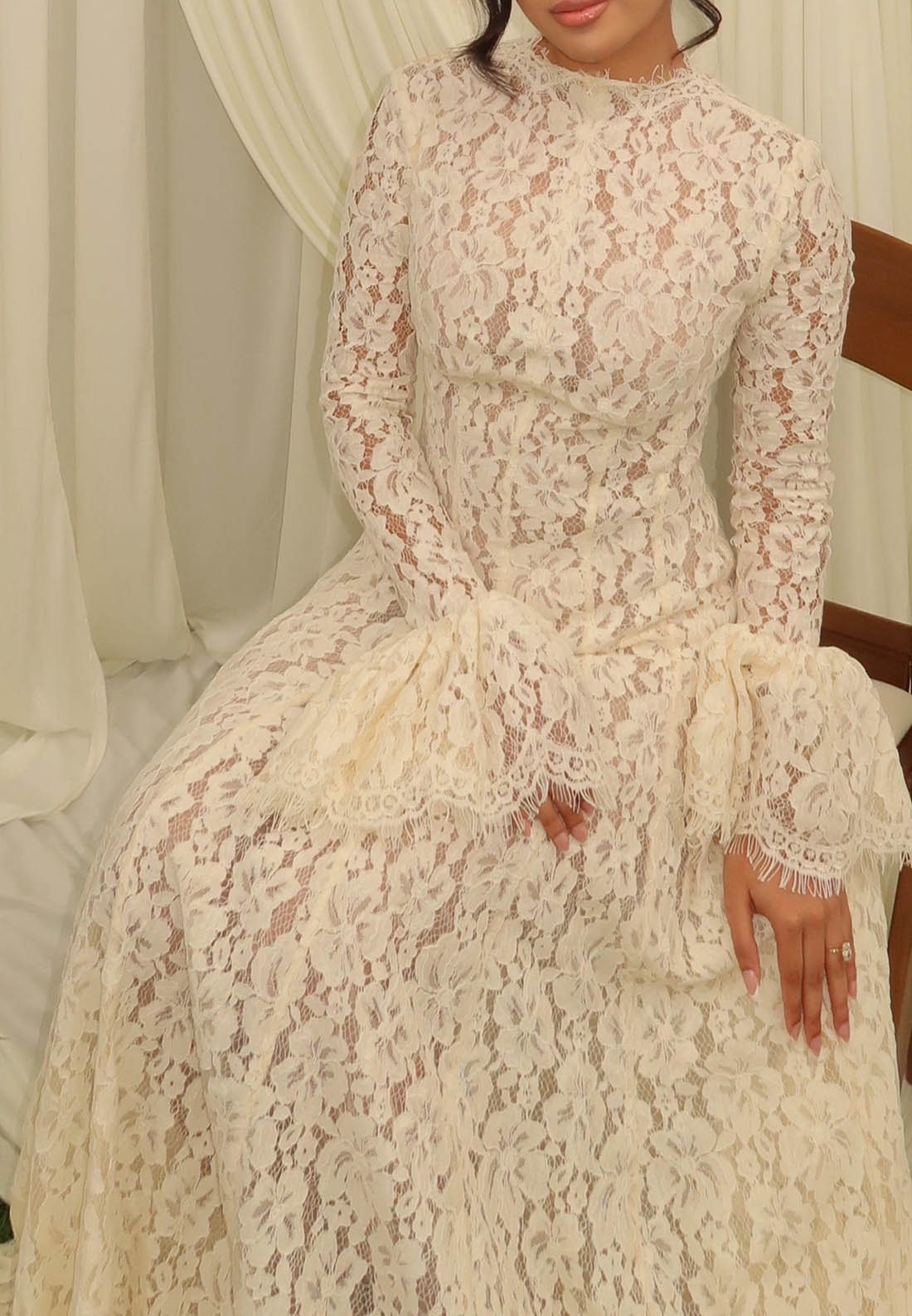 Lace High Neck Bell Sleeve Wedding Dress