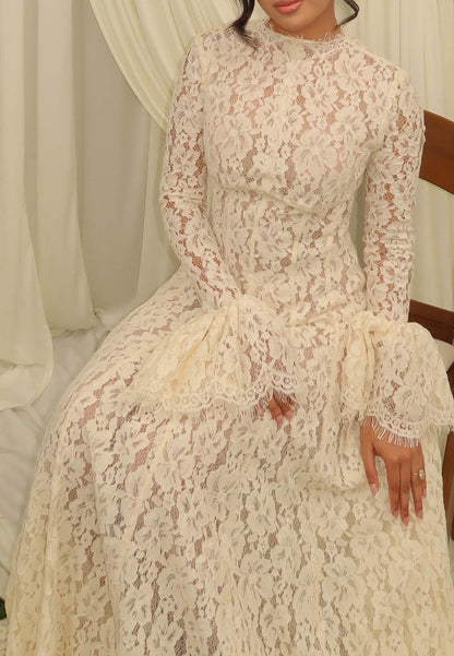 Lace High Neck Bell Sleeve Wedding Dress