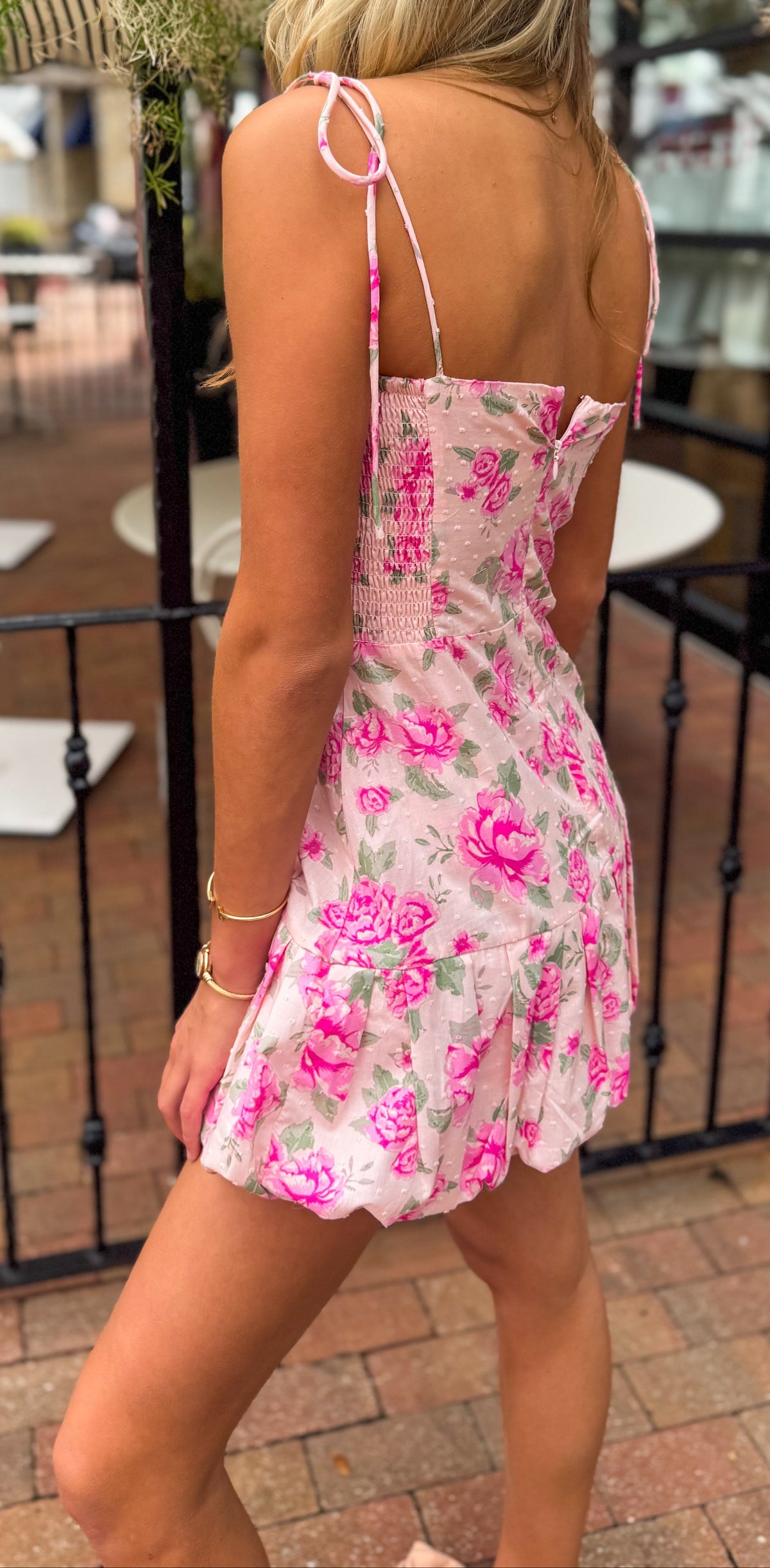 Floral Tie-Shoulder Pleated Mini Dress