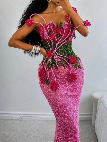 Beaded Floral Column Gown with 3D Accents