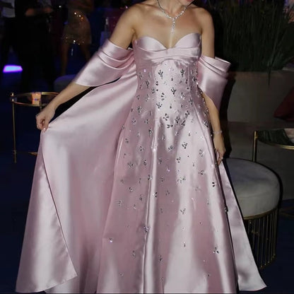 Beaded Satin Evening Gown with Draped Shawl Back