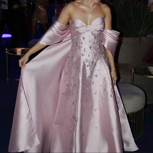 Beaded Satin Evening Gown with Draped Shawl Back