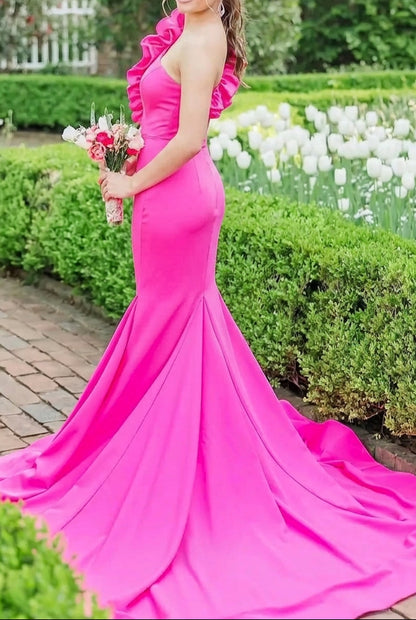 Two-Piece One-Shoulder Mermaid Dress with 3D Flowers