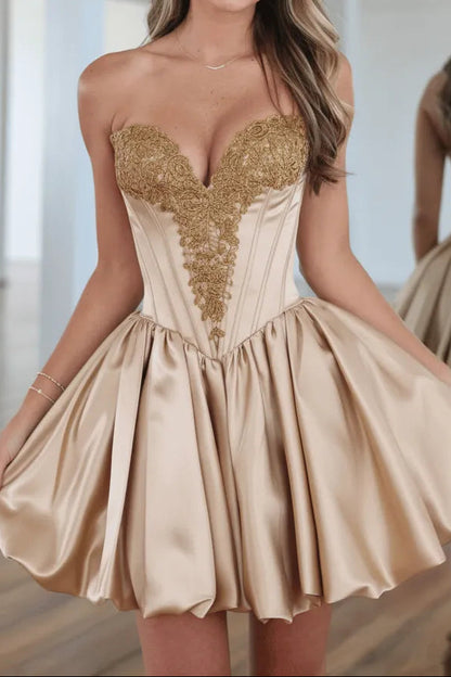 Strapless Corset Lace Applique Satin Mini Dress