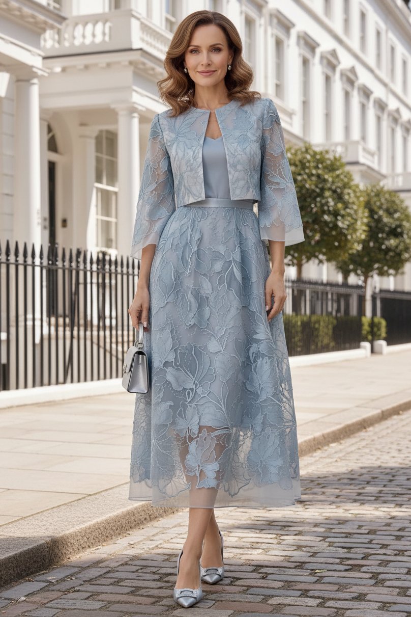 Floral Embroidered Midi Dress with Cropped Jacket