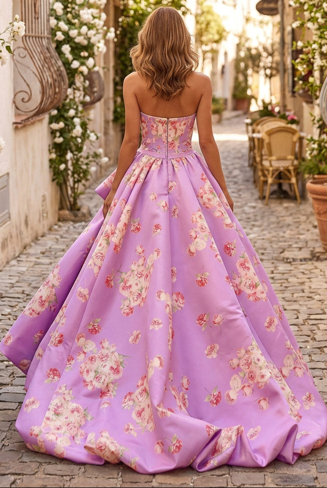 Strapless Floral High-Low Ball Gown with Corset