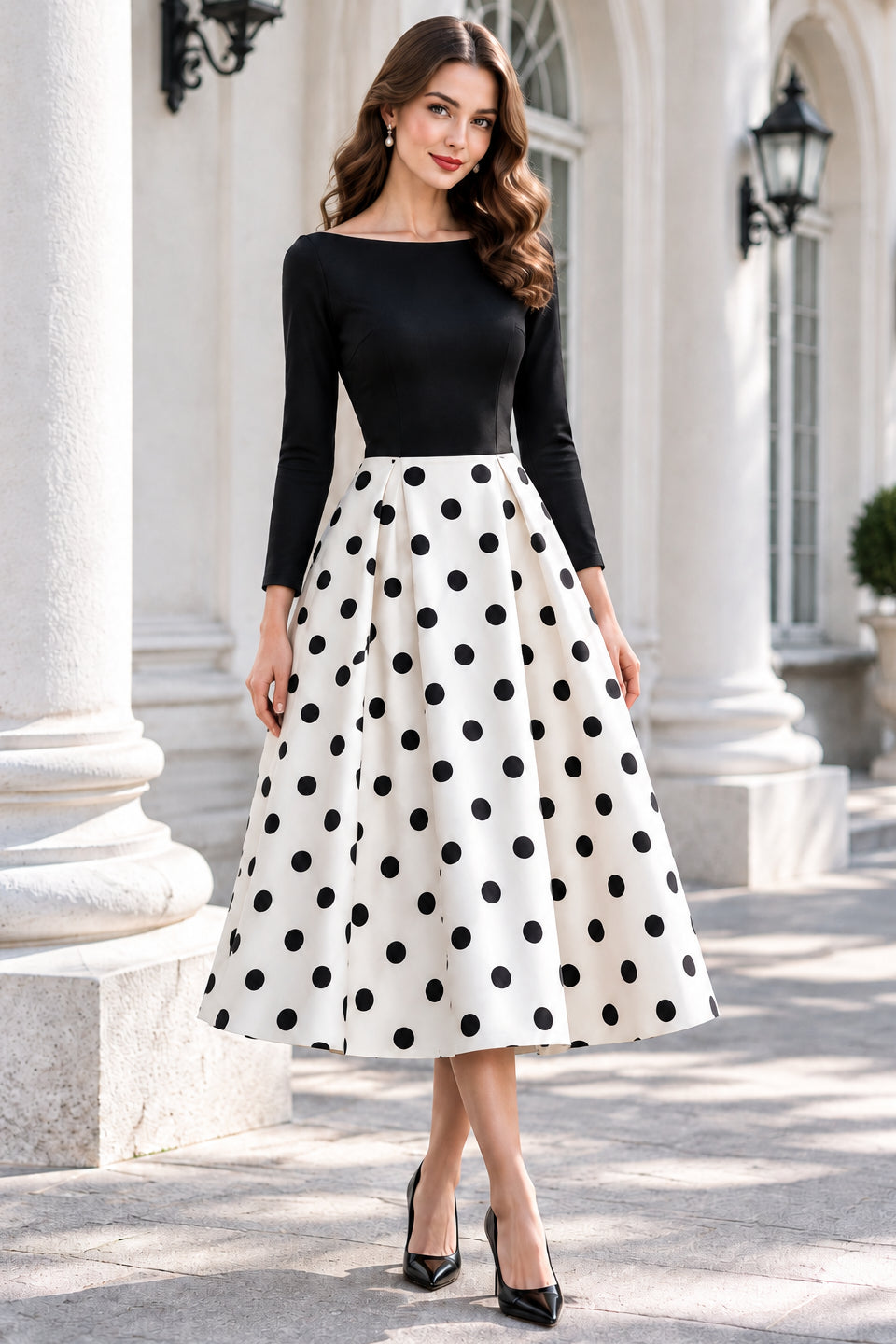 Bateau Neck Long Sleeve Polka Dot A-Line Midi Dress
