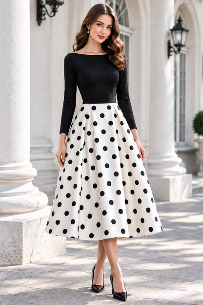 Bateau Neck Long Sleeve Polka Dot A-Line Midi Dress