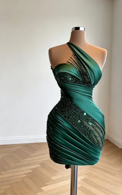 One Shoulder Beaded Bodycon Mini Cocktail Dress