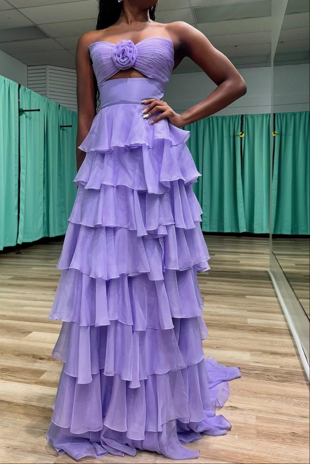 Strapless Tiered Floral Ruffle Gown with Slit