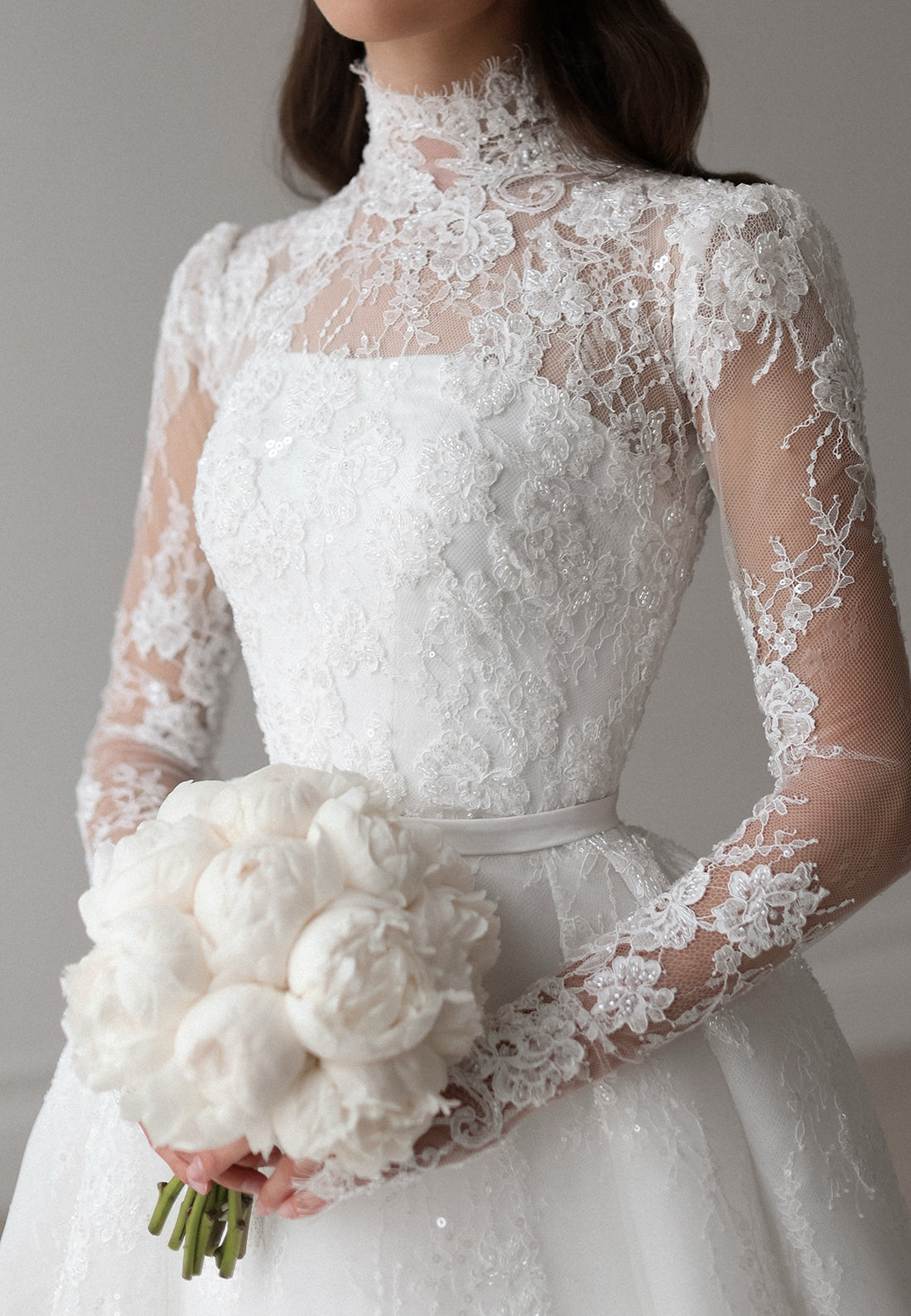High-Neck Lace Long-Sleeve Ball Gown Wedding Dress