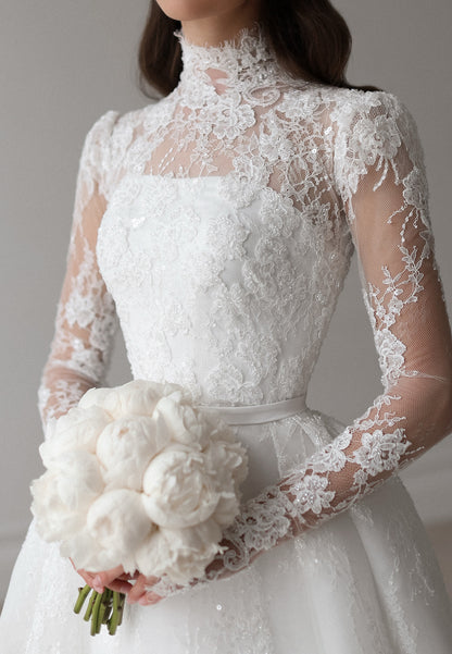 High-Neck Lace Long-Sleeve Ball Gown Wedding Dress