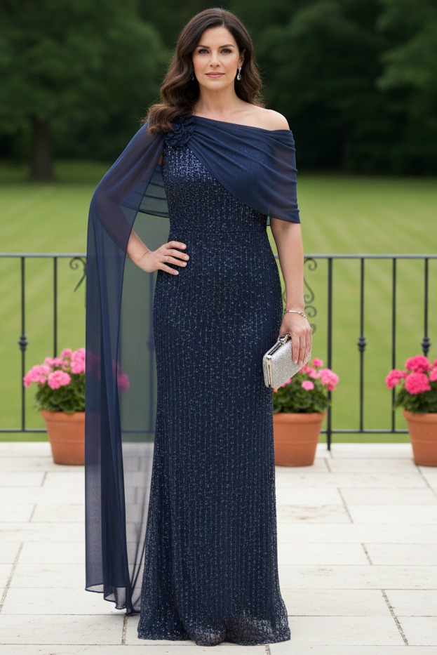 Sequin Column Gown with Draped Chiffon Cape