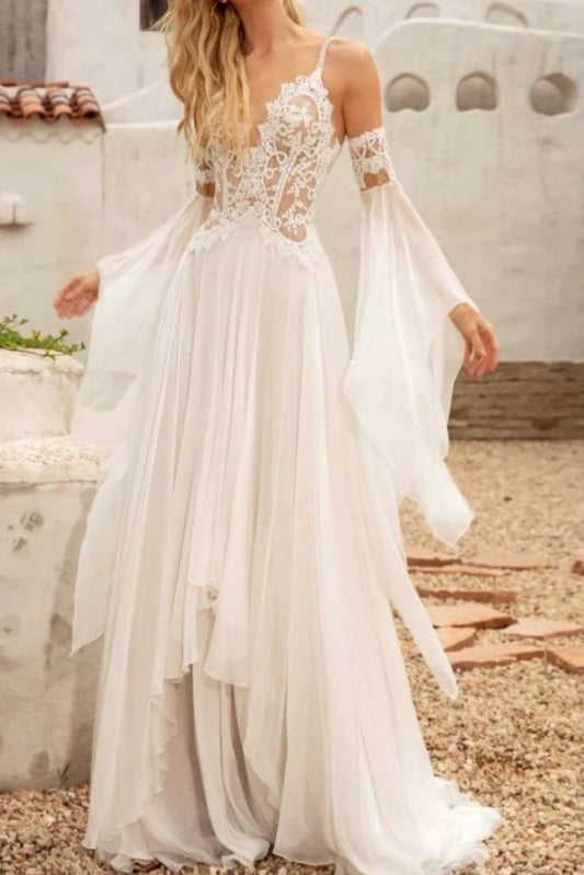 Lace Applique A-Line Dress with Dramatic Bell Sleeves