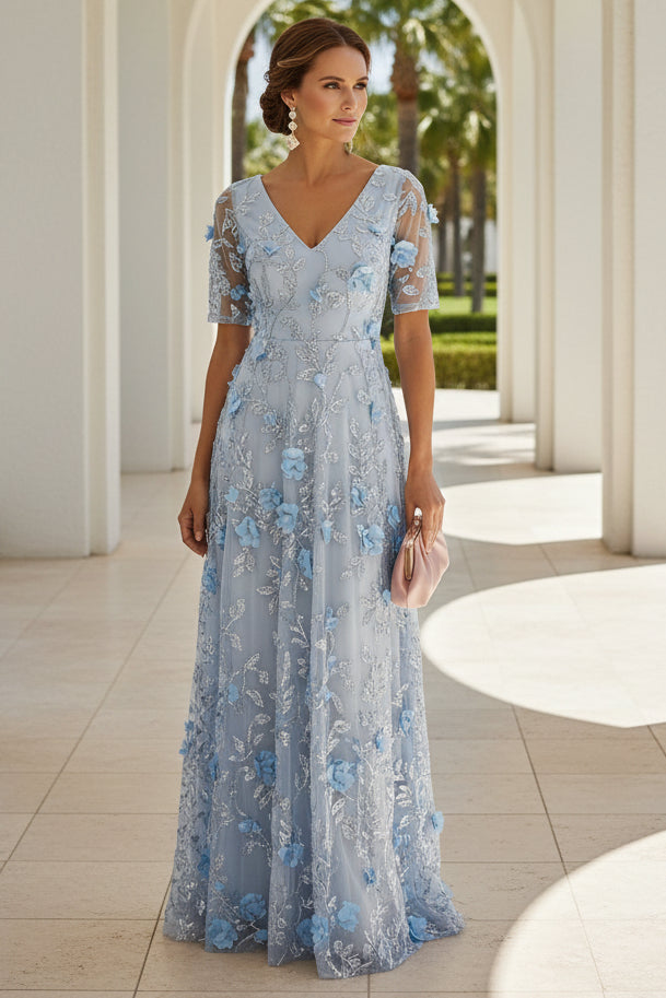 A-Line 3D Floral Embroidered Evening Gown