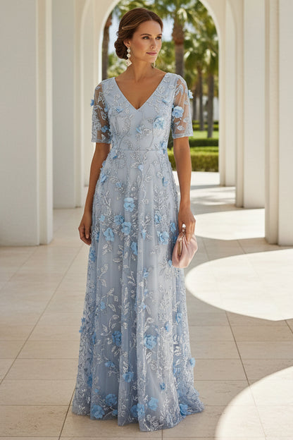 A-Line 3D Floral Embroidered Evening Gown