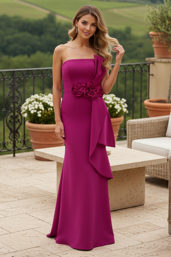 Strapless Crepe Evening Gown with 3D Flowers