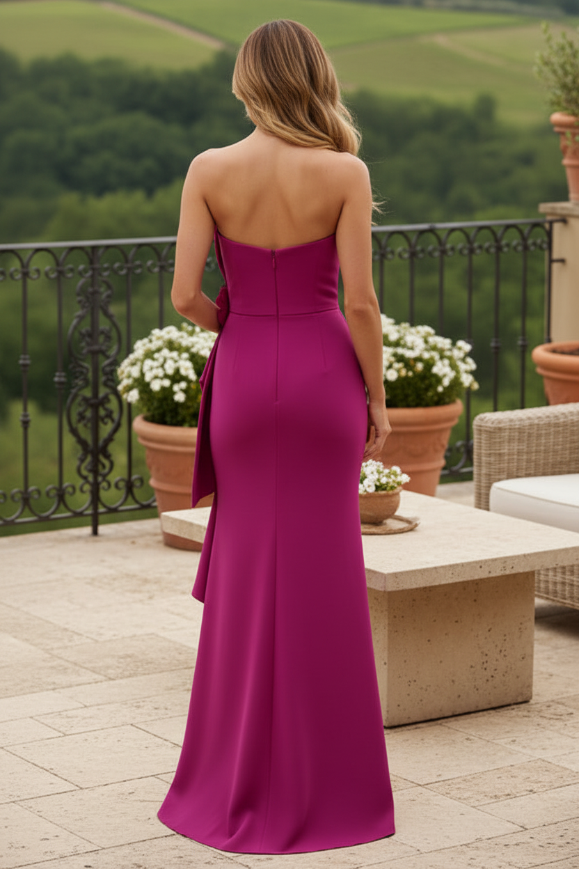 Strapless Crepe Evening Gown with 3D Flowers