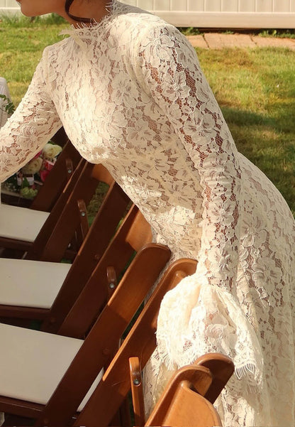 Lace High Neck Bell Sleeve Wedding Dress
