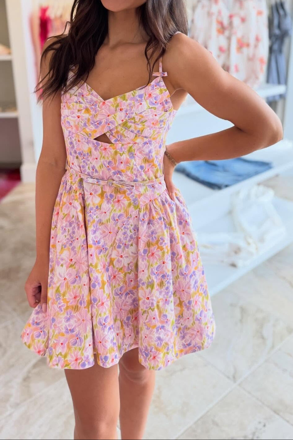 Floral Cut-Out Mini Dress with Spaghetti Straps