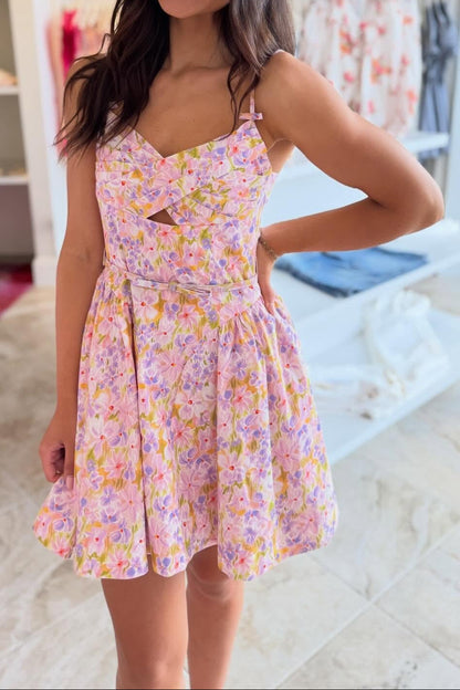 Floral Cut-Out Mini Dress with Spaghetti Straps