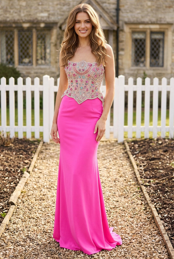 Strapless Beaded Bodice Floor-Length Evening Gown