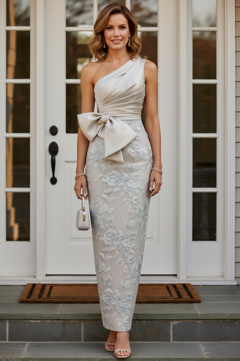 One-Shoulder Pleated Jacquard Maxi Dress with Bow