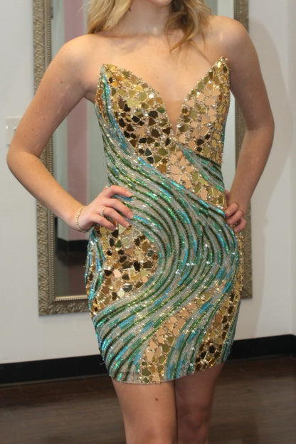 Strapless Swirl Embellished Plunge Mini Dress