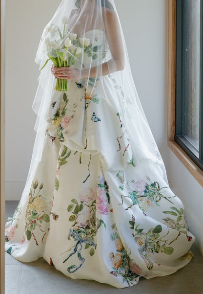 Floral Strapless Ball Gown with Draped Skirt
