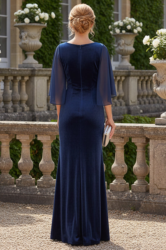Velvet Twist-Front Gown with Chiffon Flutter Sleeves