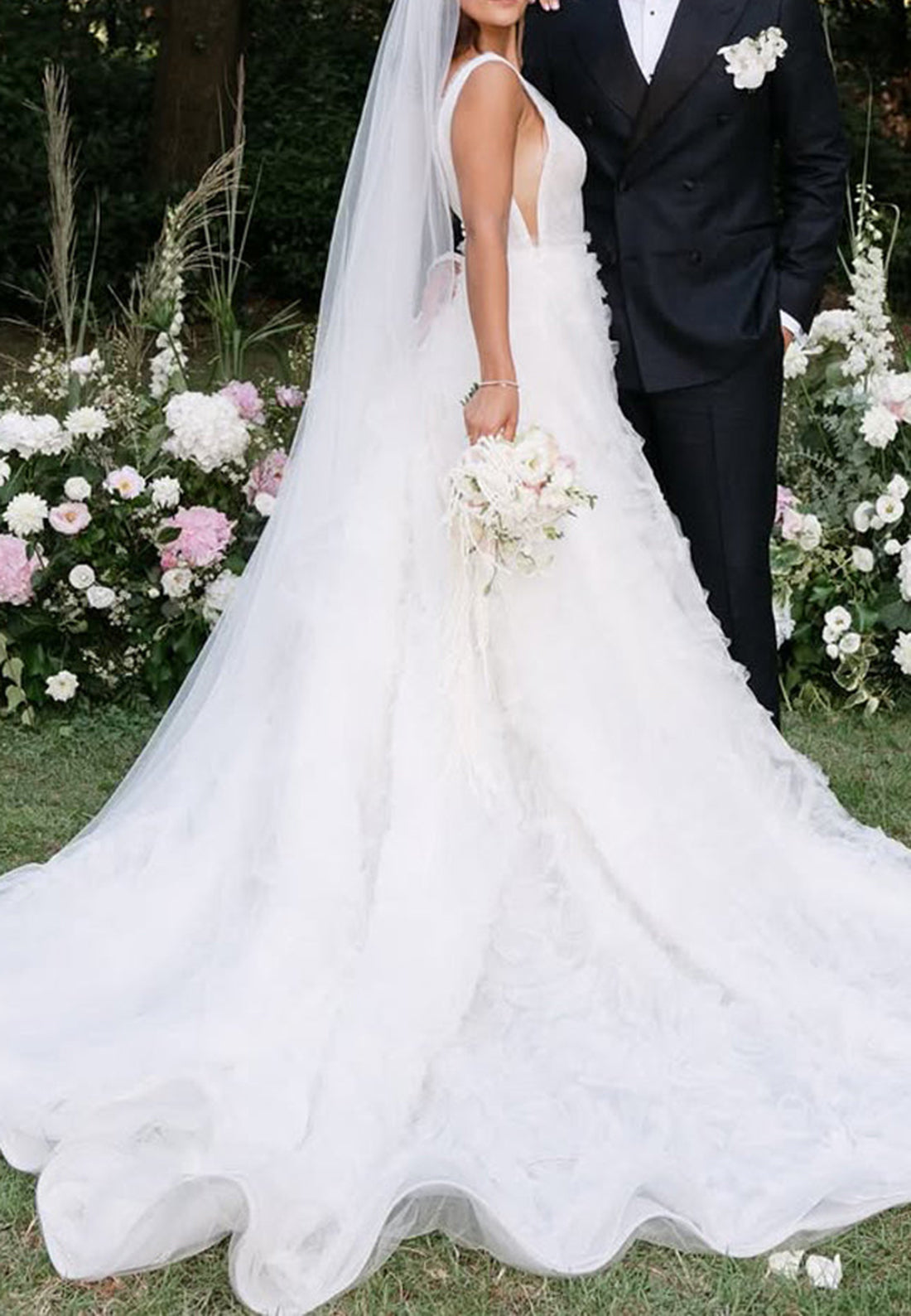 Deep V-Neck Textured Tulle A-Line Wedding Dress