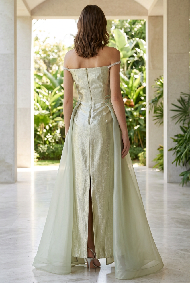 Off-the-Shoulder Metallic Gown with Overskirt