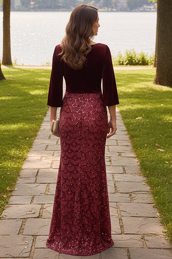 Velvet Bodice Sequin Mermaid Gown with Bell Sleeves