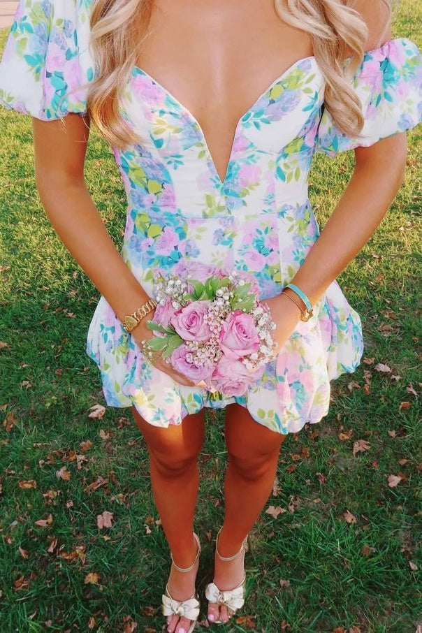 Off-the-Shoulder Floral Bubble Hem Mini Dress