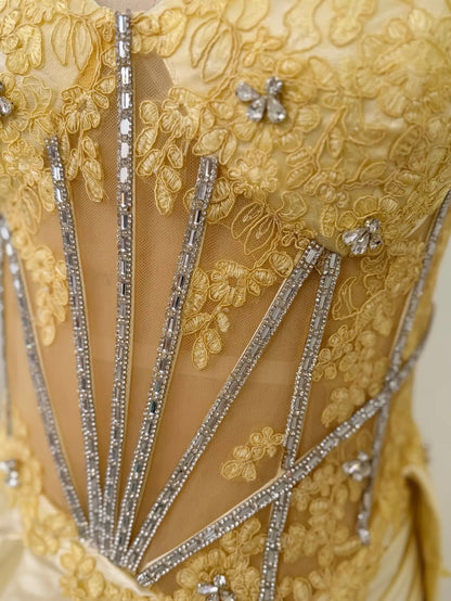 Corset Evening Gown with Slit and Beading