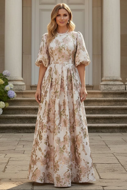 A-Line Pleated Jacquard Maxi Dress with Elbow Sleeves