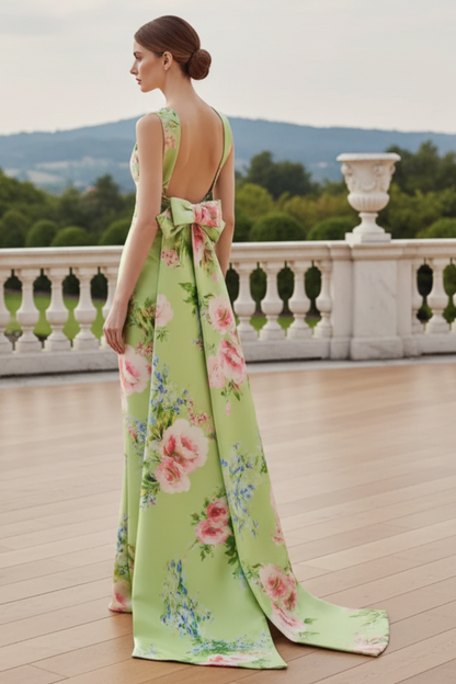 Floral Print Satin Halter Gown with Open Back