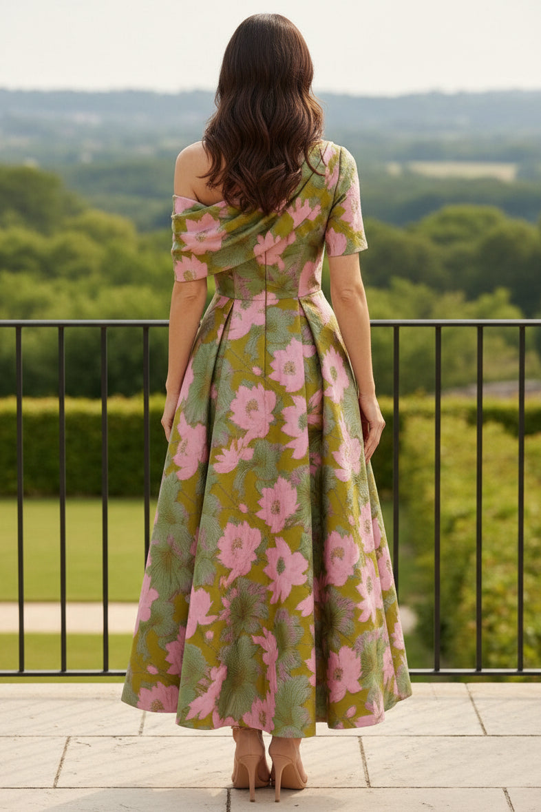 Off-Shoulder Floral Jacquard Tea-Length Dress