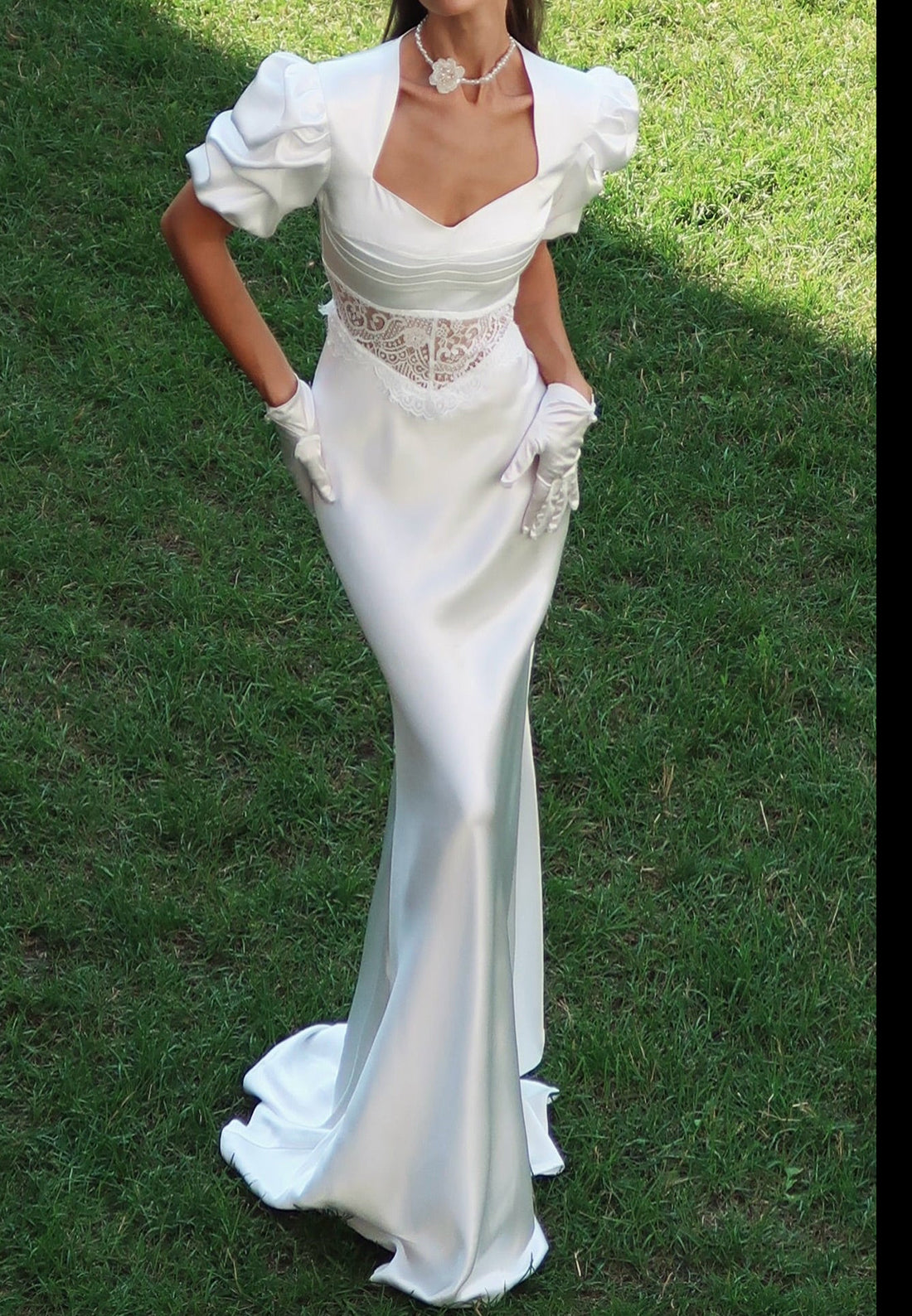 Puff Sleeve Satin Wedding Dress with Lace Midriff