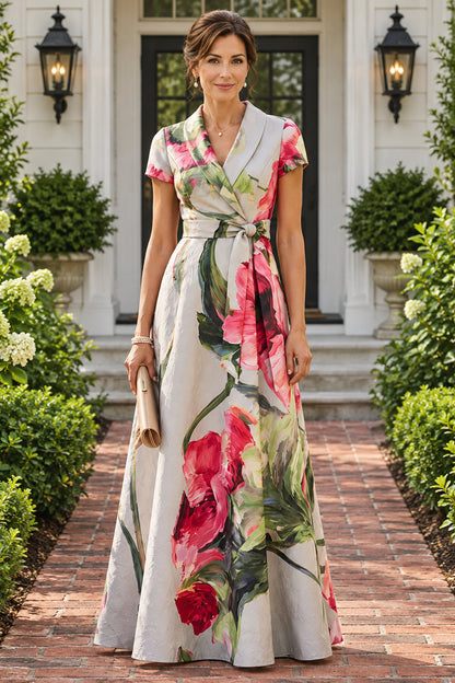 Floral Wrap A-Line Maxi Dress with Collar