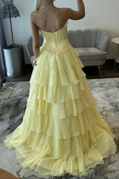 Strapless Tiered Gown with Corset Bodice and Slit