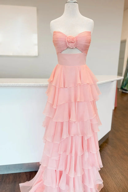 Strapless Tiered Floral Ruffle Gown with Slit
