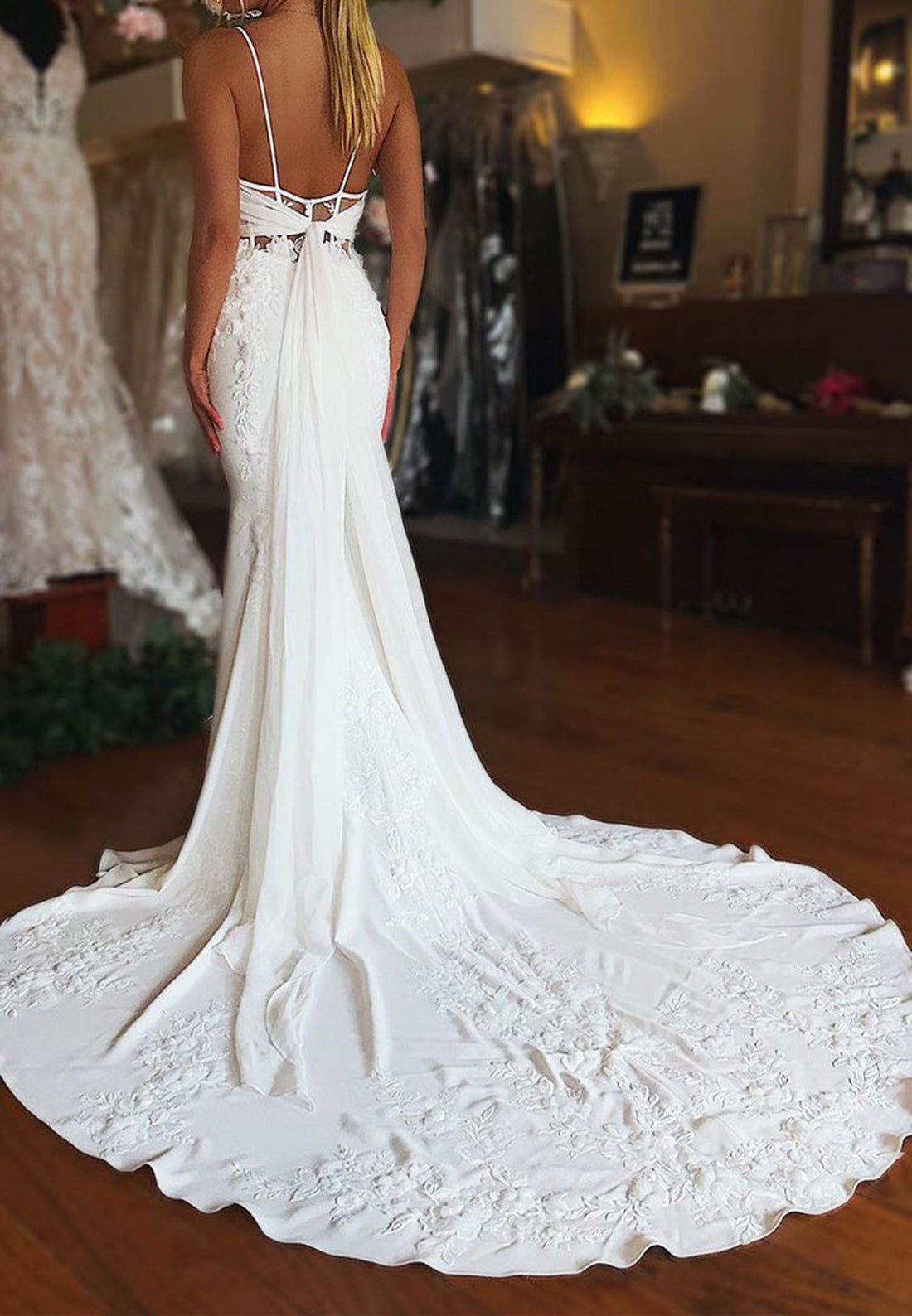 Spaghetti Strap Mermaid Wedding Dress with Watteau Train