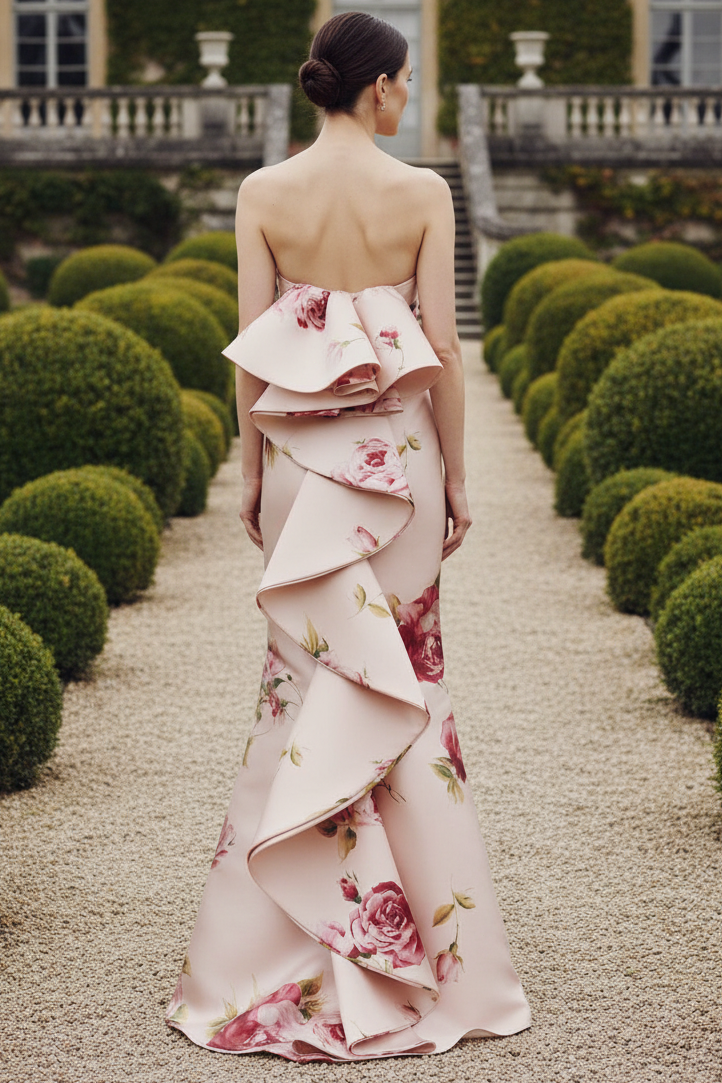 Strapless Floral Satin Gown with Cascading Ruffle Back