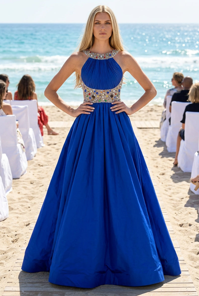 Beaded Halter Pleated A-Line Evening Gown