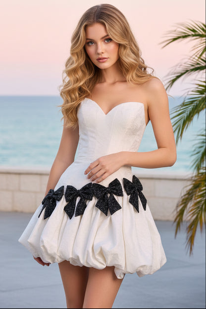 Strapless Bubble Skirt Mini Dress with Crystal Bows