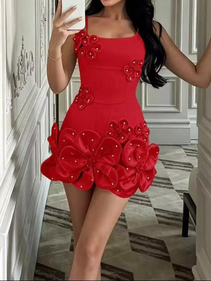 3D Floral Applique Spaghetti Strap Mini Dress
