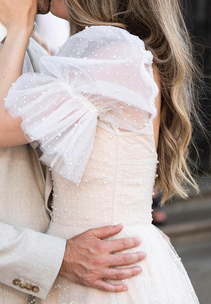 Pearl-Embellished Tulle Puff Sleeve Mini Dress