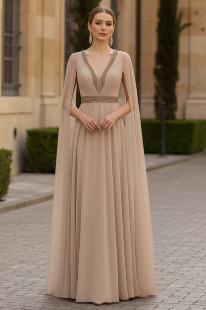 Embellished V-Neck Evening Gown with Cape Sleeves