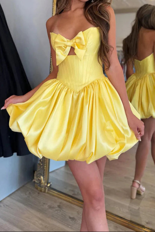 Strapless Bow Sweetheart Corset Bubble Hem Mini Dress
